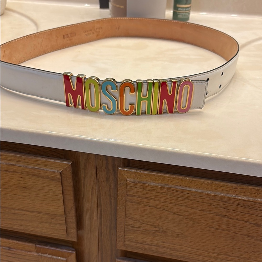 Moschino Multicolor Logo White Belt